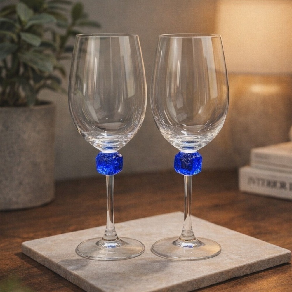 Riverside Studios Handmade Wine‎ Glasses, Set of 2, Cobalt Blue Ice Stemware